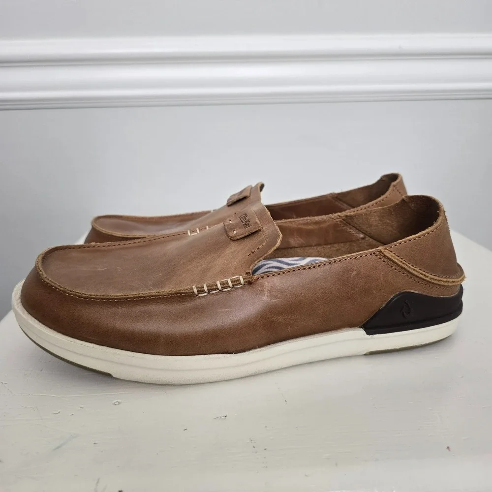 OluKai Mens Kakaha Leather Slip On Loafers Size 8.5 Brown Comfort Coastal Beach